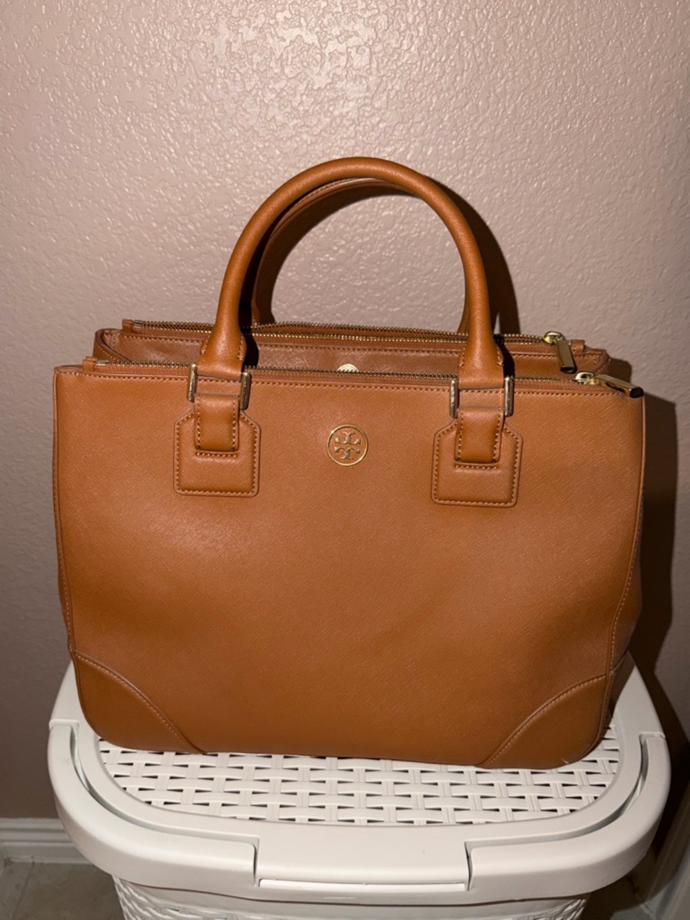 Tory Burch Tan Leather Structured Tote with Gold Logo